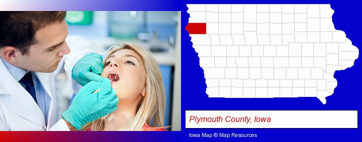 a dentist examining teeth; Plymouth County, Iowa highlighted in red on a map