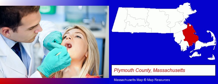 a dentist examining teeth; Plymouth County, Massachusetts highlighted in red on a map