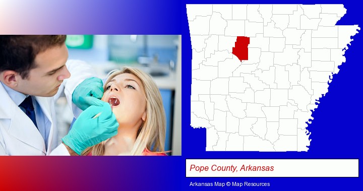 a dentist examining teeth; Pope County, Arkansas highlighted in red on a map