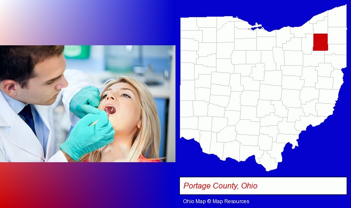 a dentist examining teeth; Portage County, Ohio highlighted in red on a map