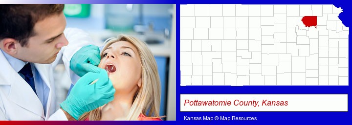 a dentist examining teeth; Pottawatomie County, Kansas highlighted in red on a map