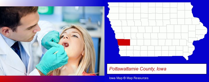 a dentist examining teeth; Pottawattamie County, Iowa highlighted in red on a map