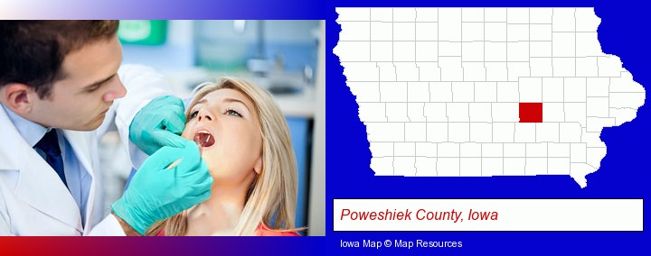 a dentist examining teeth; Poweshiek County, Iowa highlighted in red on a map