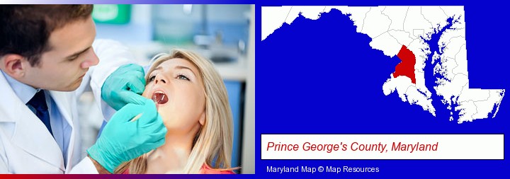 a dentist examining teeth; Prince George's County, Maryland highlighted in red on a map