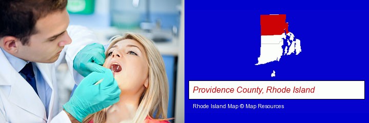 a dentist examining teeth; Providence County, Rhode Island highlighted in red on a map