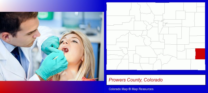 a dentist examining teeth; Prowers County, Colorado highlighted in red on a map