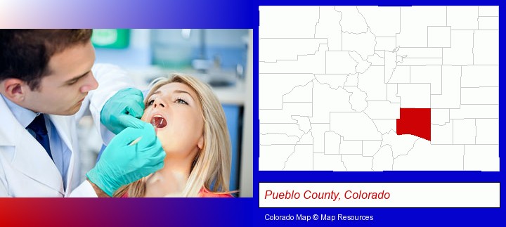 a dentist examining teeth; Pueblo County, Colorado highlighted in red on a map