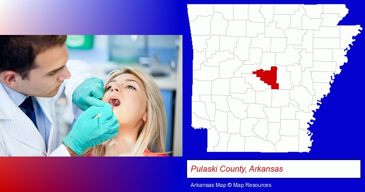 a dentist examining teeth; Pulaski County, Arkansas highlighted in red on a map