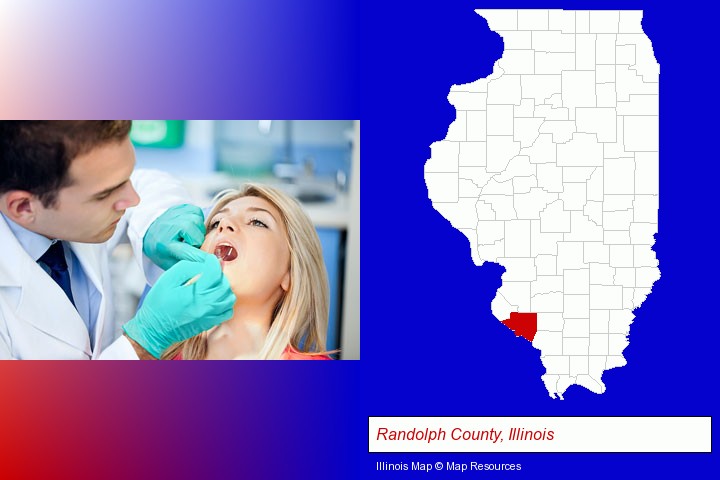 a dentist examining teeth; Randolph County, Illinois highlighted in red on a map
