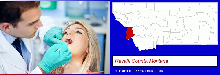 a dentist examining teeth; Ravalli County, Montana highlighted in red on a map