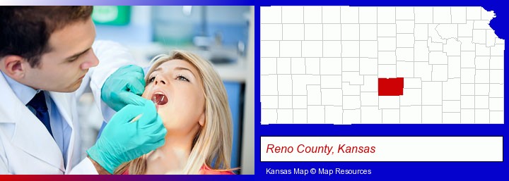 a dentist examining teeth; Reno County, Kansas highlighted in red on a map