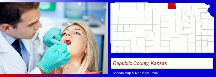 a dentist examining teeth; Republic County, Kansas highlighted in red on a map