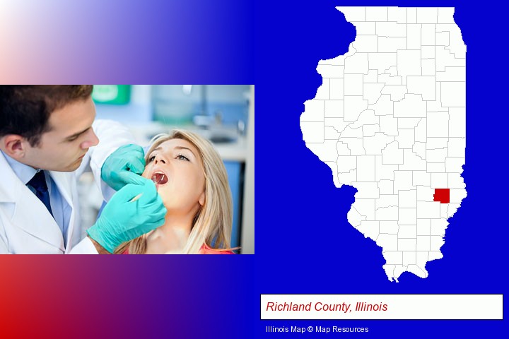 a dentist examining teeth; Richland County, Illinois highlighted in red on a map