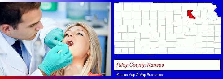 a dentist examining teeth; Riley County, Kansas highlighted in red on a map