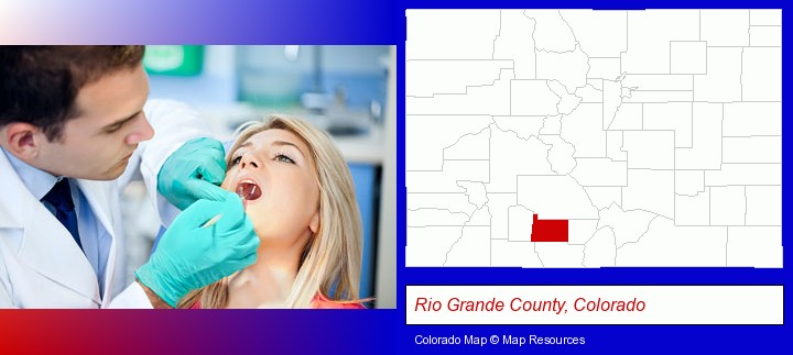 a dentist examining teeth; Rio Grande County, Colorado highlighted in red on a map