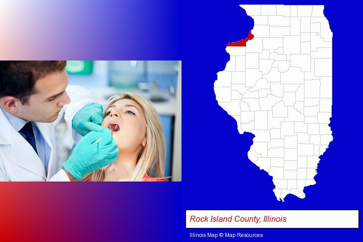 a dentist examining teeth; Rock Island County, Illinois highlighted in red on a map