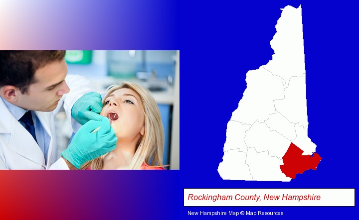 a dentist examining teeth; Rockingham County, New Hampshire highlighted in red on a map