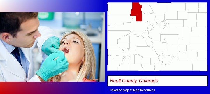 a dentist examining teeth; Routt County, Colorado highlighted in red on a map