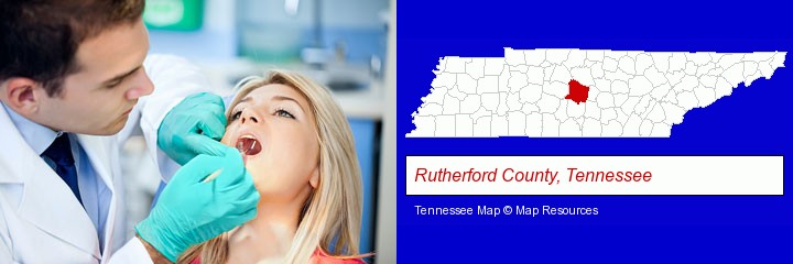 a dentist examining teeth; Rutherford County, Tennessee highlighted in red on a map