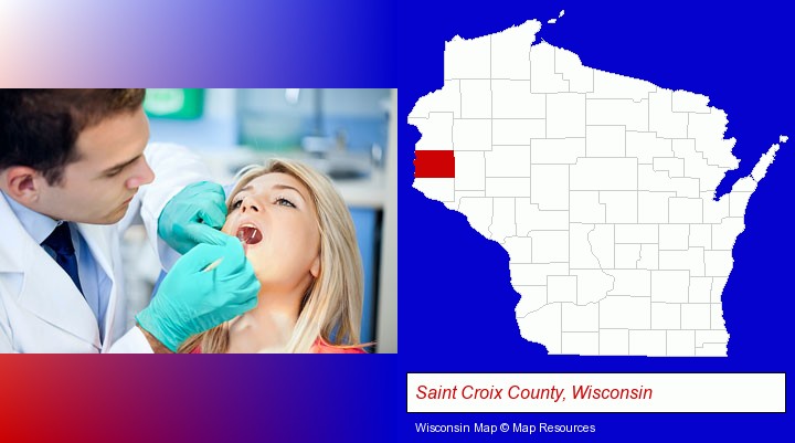 a dentist examining teeth; Saint Croix County, Wisconsin highlighted in red on a map