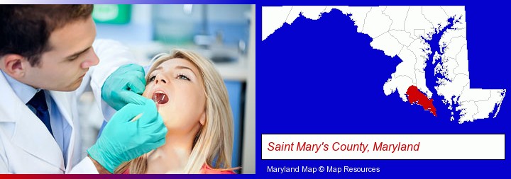 a dentist examining teeth; Saint Mary's County, Maryland highlighted in red on a map
