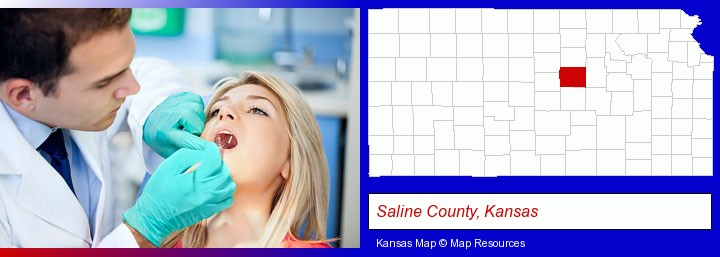 a dentist examining teeth; Saline County, Kansas highlighted in red on a map
