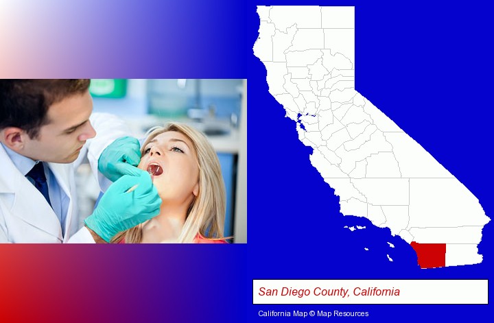 a dentist examining teeth; San Diego County, California highlighted in red on a map