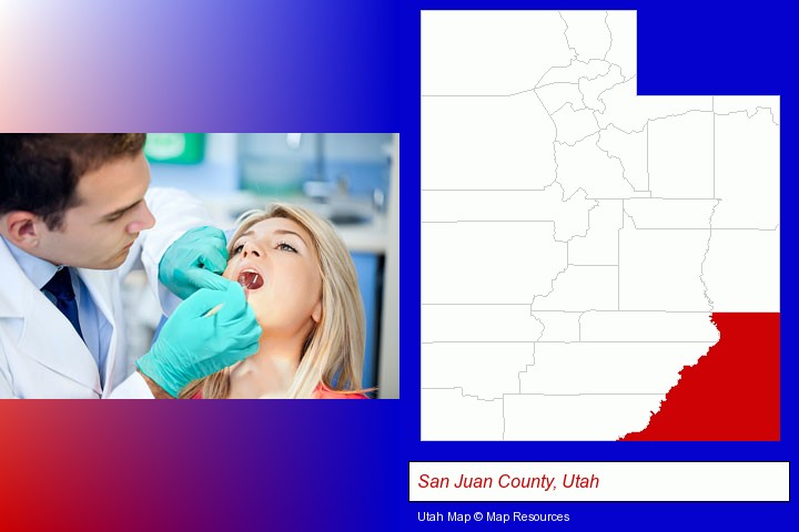a dentist examining teeth; San Juan County, Utah highlighted in red on a map