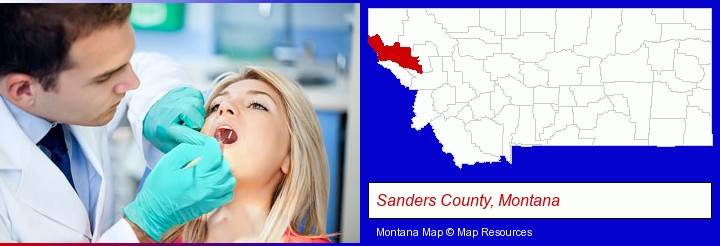 a dentist examining teeth; Sanders County, Montana highlighted in red on a map