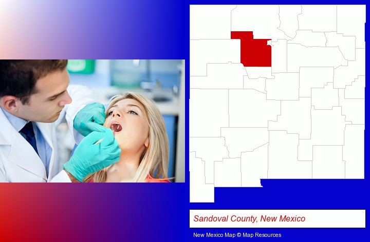 a dentist examining teeth; Sandoval County, New Mexico highlighted in red on a map