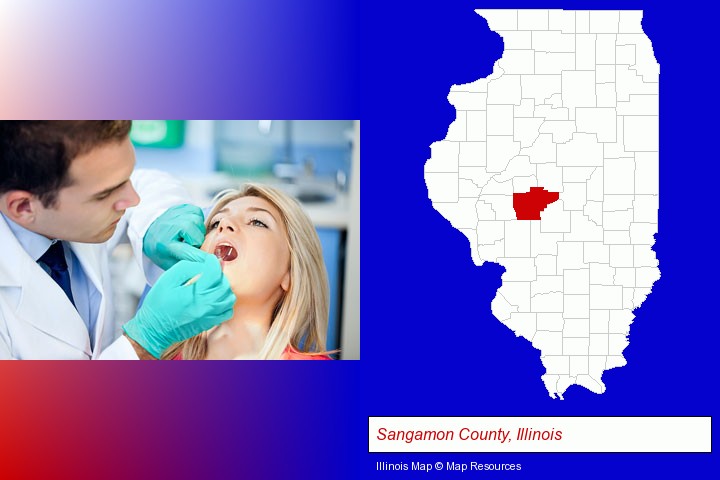 a dentist examining teeth; Sangamon County, Illinois highlighted in red on a map