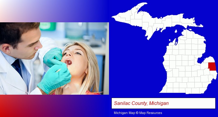 a dentist examining teeth; Sanilac County, Michigan highlighted in red on a map
