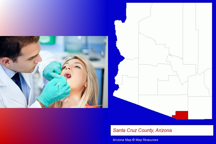 a dentist examining teeth; Santa Cruz County, Arizona highlighted in red on a map