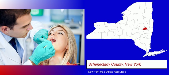 a dentist examining teeth; Schenectady County, New York highlighted in red on a map