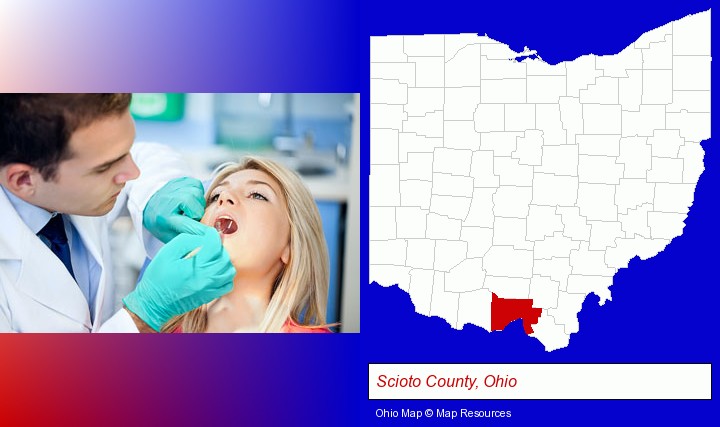 a dentist examining teeth; Scioto County, Ohio highlighted in red on a map