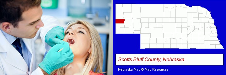 a dentist examining teeth; Scotts Bluff County, Nebraska highlighted in red on a map
