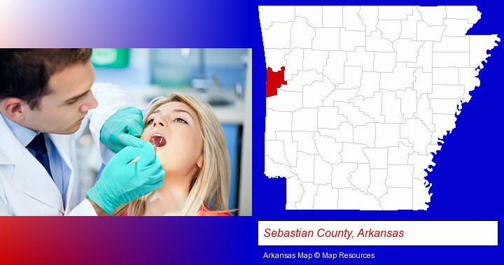 a dentist examining teeth; Sebastian County, Arkansas highlighted in red on a map