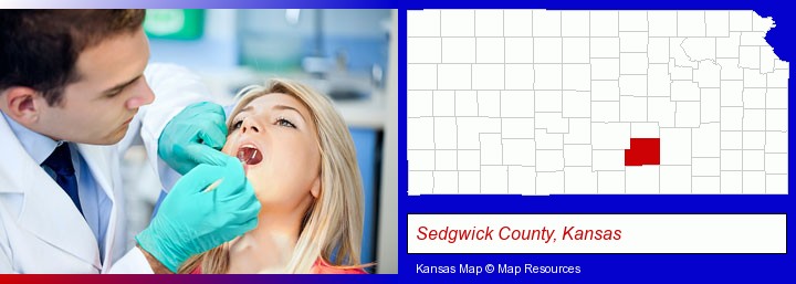 a dentist examining teeth; Sedgwick County, Kansas highlighted in red on a map