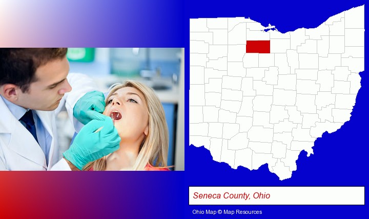 a dentist examining teeth; Seneca County, Ohio highlighted in red on a map