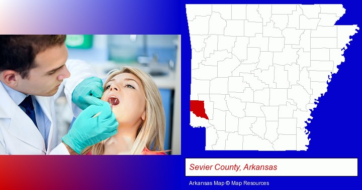 a dentist examining teeth; Sevier County, Arkansas highlighted in red on a map