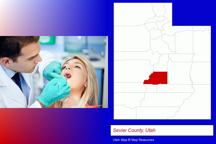 a dentist examining teeth; Sevier County, Utah highlighted in red on a map