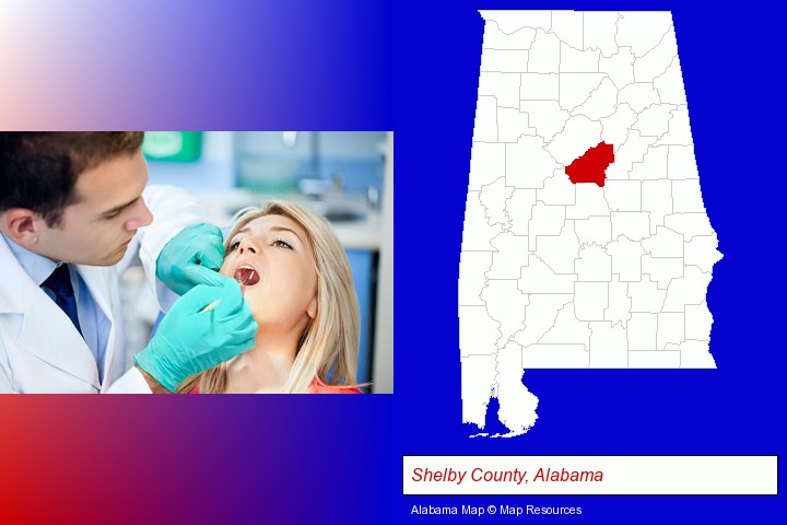 a dentist examining teeth; Shelby County, Alabama highlighted in red on a map