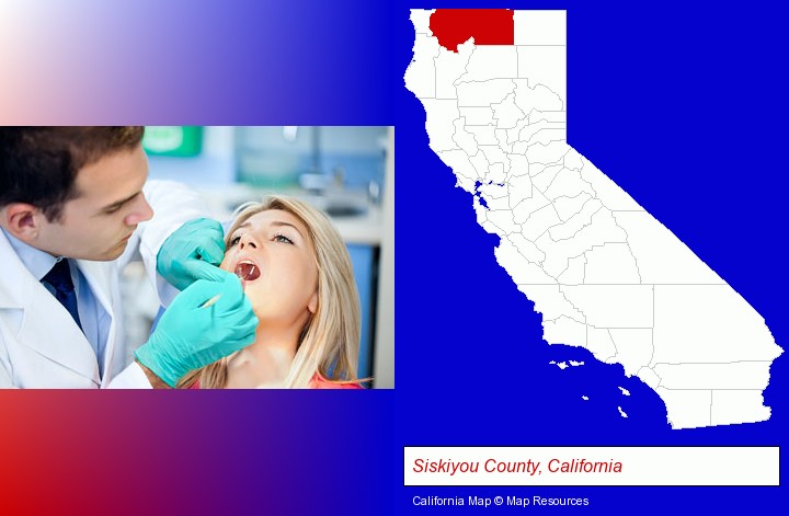 a dentist examining teeth; Siskiyou County, California highlighted in red on a map