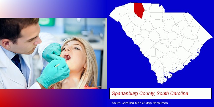 a dentist examining teeth; Spartanburg County, South Carolina highlighted in red on a map