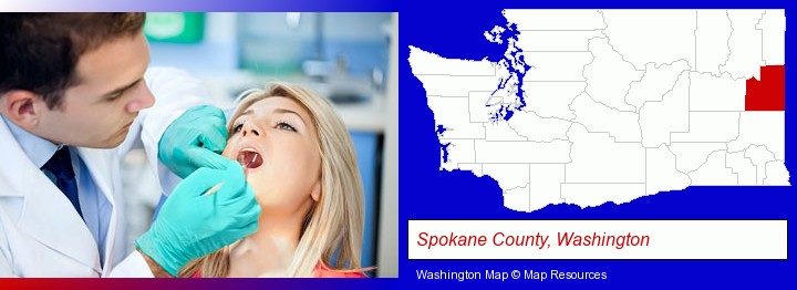 a dentist examining teeth; Spokane County, Washington highlighted in red on a map
