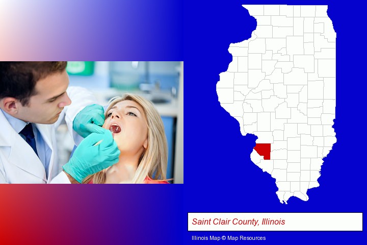 a dentist examining teeth; Saint Clair County, Illinois highlighted in red on a map