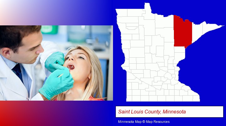 a dentist examining teeth; Saint Louis County, Minnesota highlighted in red on a map