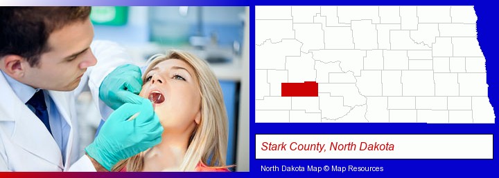 a dentist examining teeth; Stark County, North Dakota highlighted in red on a map