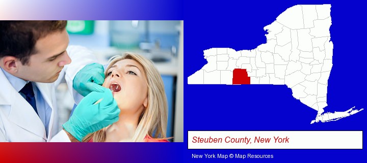 a dentist examining teeth; Steuben County, New York highlighted in red on a map