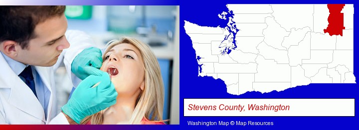 a dentist examining teeth; Stevens County, Washington highlighted in red on a map